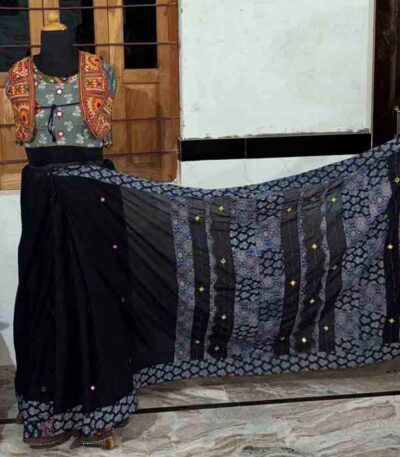 exquisite navy blue ajrakh saree full view on malmal cotton