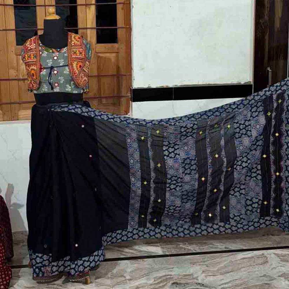 exquisite navy blue ajrakh saree full view on malmal cotton