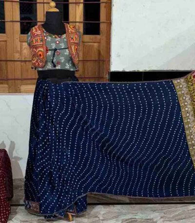 stunning navy blue ajrakh mirror work saree full view with multi-color prints