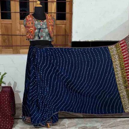 stunning navy blue ajrakh mirror work saree full view with multi-color prints