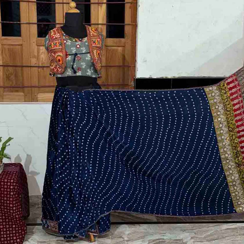 stunning navy blue ajrakh mirror work saree full view with multi-color prints