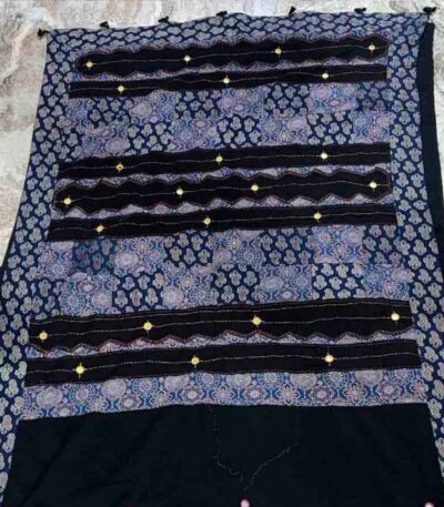 enchanting navy blue ajrakh mirror work saree full view with hand block prints