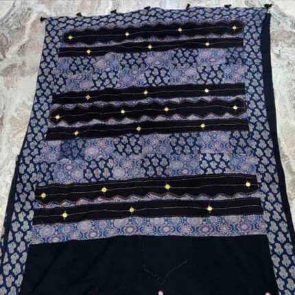 enchanting navy blue ajrakh mirror work saree full view with hand block prints