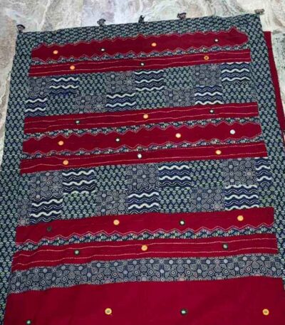 red ajrakh mirror work saree