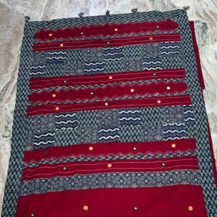 red ajrakh mirror work saree