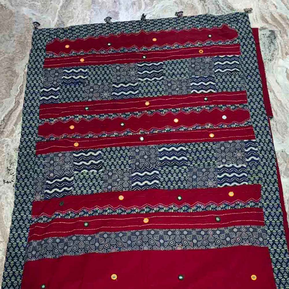 red ajrakh mirror work saree
