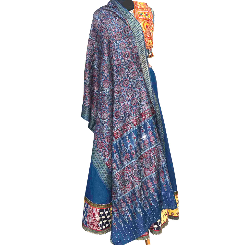 captivating ajrakh stole blue indigo modal silk mirror work