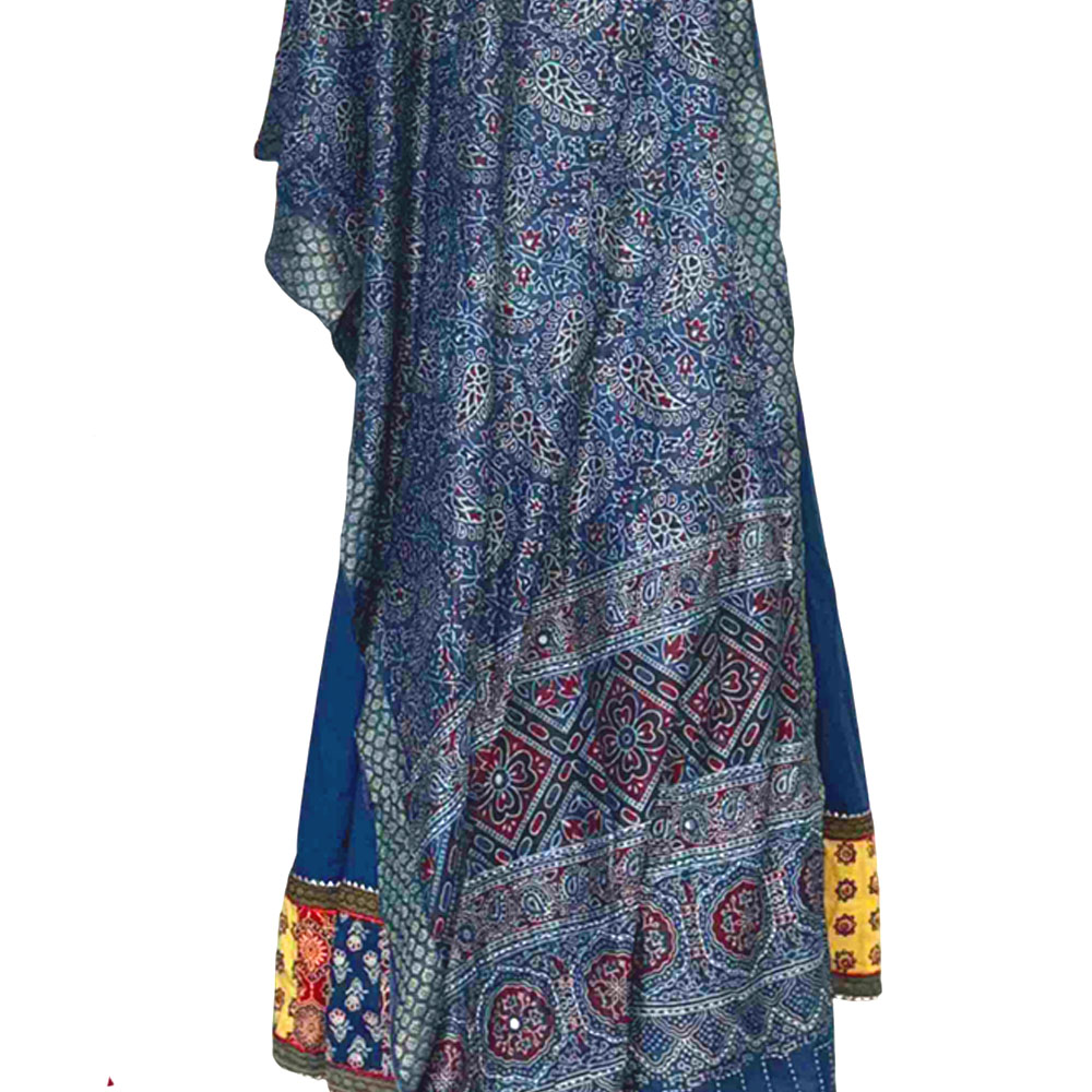 mesmerizing ajrakh stole indigo modal silk mirror work