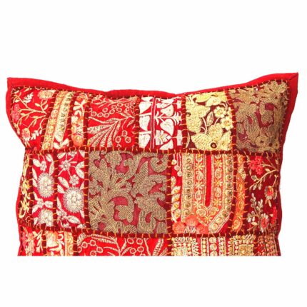 exquisite barmeri work cushion cover red vintage patchwork detail