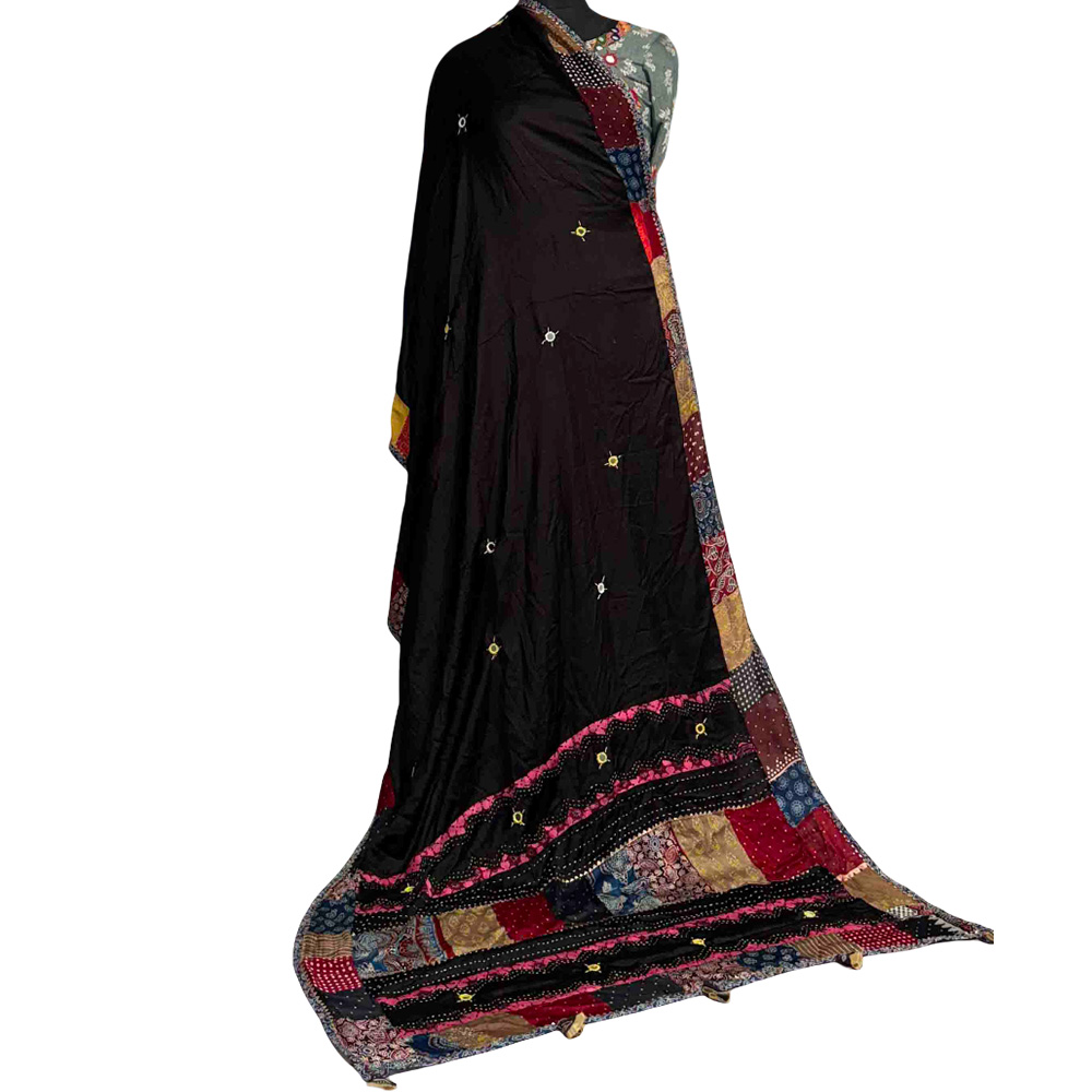 elegant ajrakh dupatta black modal silk katha work intricate patterns
