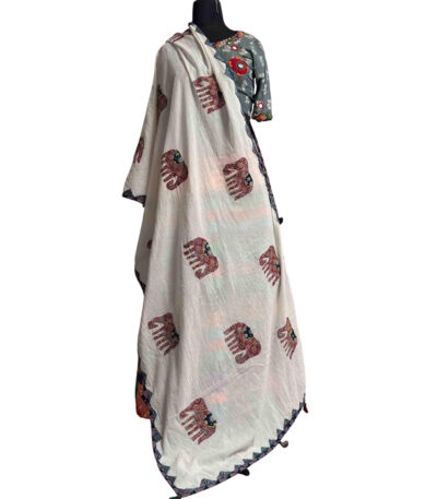 exquisite applique dupatta off white cotton elephant motifs handcrafted