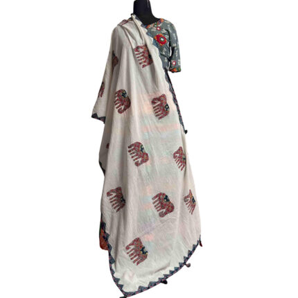 exquisite applique dupatta off white cotton elephant motifs handcrafted