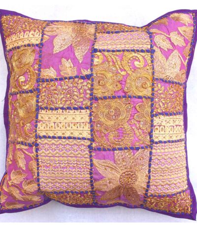 barmeri work cushion cover maroon handcrafted embroidered patchwork flower and leaf design