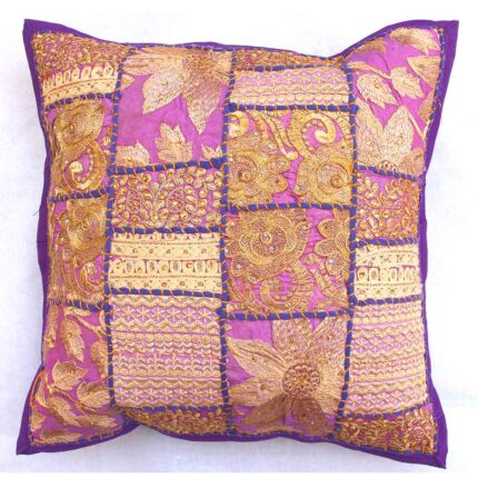 barmeri work cushion cover maroon handcrafted embroidered patchwork flower and leaf design