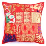 stunning barmeri work cushion cover tangerine handcrafted embroidered patchwork khambadia work flower leaf design