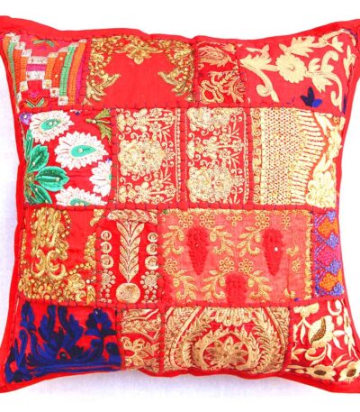 stunning barmeri work cushion cover tangerine handcrafted embroidered patchwork khambadia work flower leaf design