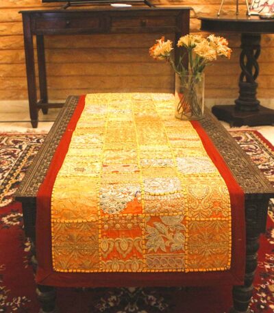 Main product image: Exquisite Barmer red table runner with handcrafted cotton embroidered patchwork flower and leaf design