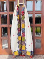 Ajrakh Applique & Orange Mirrors Dupatta ~ White with Tassels