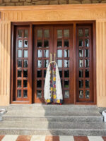 Ajrakh Applique & Orange Mirrors Dupatta ~ White with Tassels - Image 3