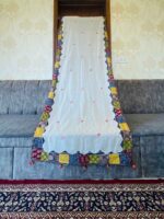 Ajrakh Applique & Orange Mirrors Dupatta ~ White with Tassels - Image 2