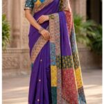 Ajrakh Applique & Mirrors Saree with Purple Colour