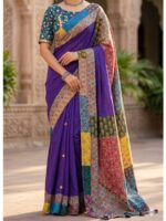 Ajrakh Applique & Mirrors Saree with Purple Colour