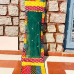 Green Patchwork Ajrakh Stole with Multi-Color Border and Mirror Work