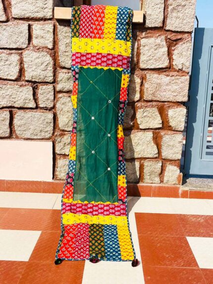 Green Patchwork Ajrakh Stole with Multi-Color Border and Mirror Work